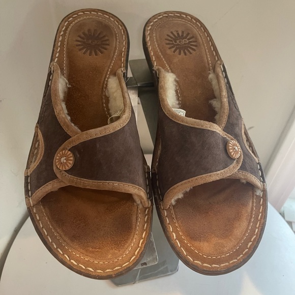 UGG Women.s 1793 KALAMA BROWN LEATHER LINED COMFORT SLIP ON WEDGE HEEL SANDALS 8 - Picture 6 of 6